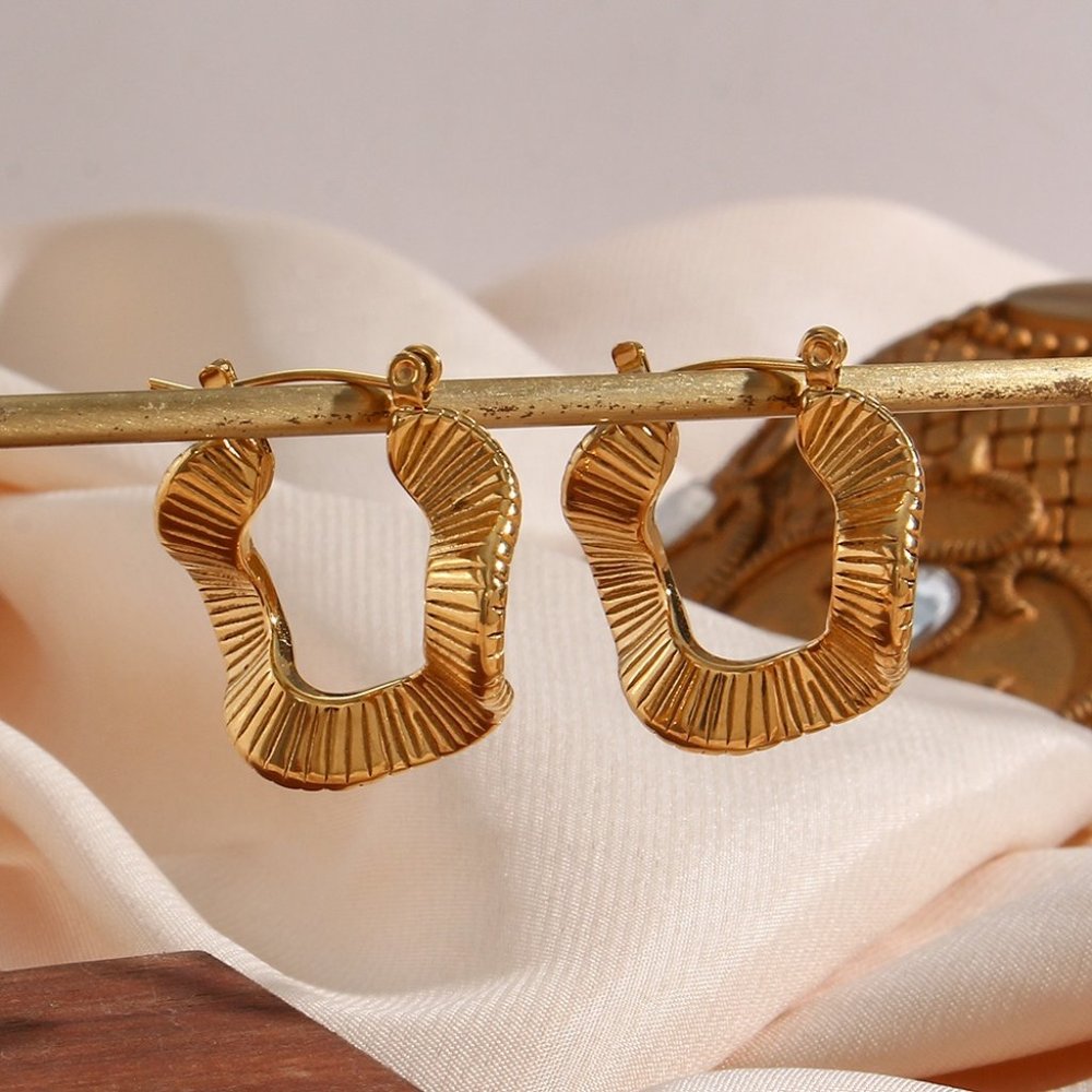 Organic Textured Wave Shape Hoop Earrings 18K Gold PVD Plated Stainless Steel - Picture 9 of 13